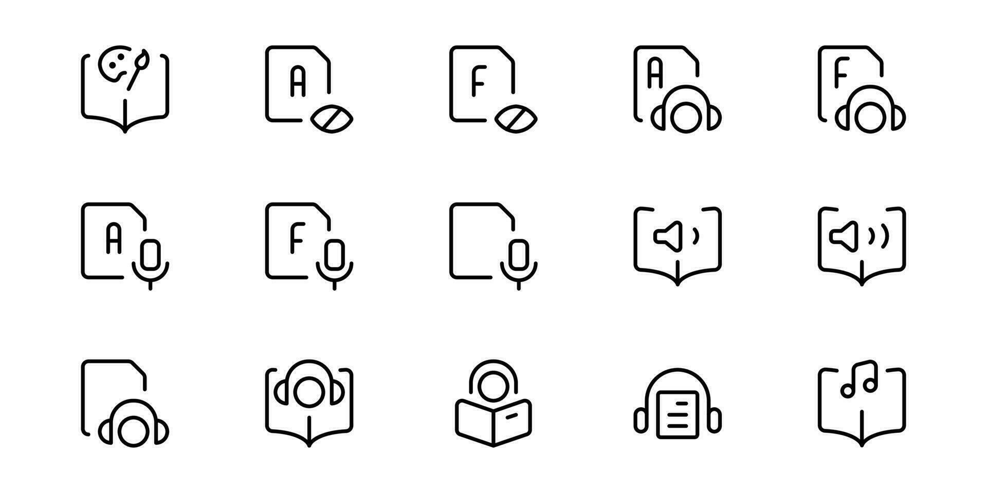 audio libro icono, vector conjunto diseño con editable ataque. línea, sólido, plano línea, Delgado estilo y adecuado para web página, móvil aplicación, ui, ux diseño.