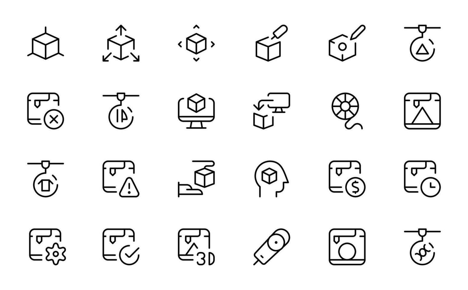 Engineering icon, Product Development and Creation. Such Line Signs as Prototyping, 3D printing, 3D Modeling, 3D Scanning. Vector Icons Set for Web, UI and App in Outline Editable Stroke.