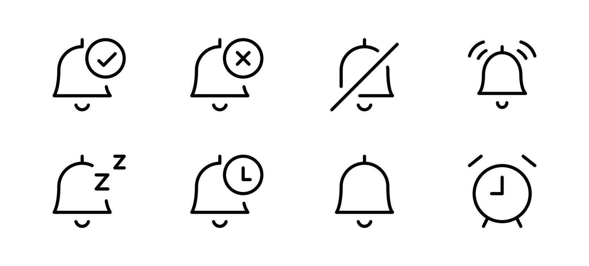 Alarm Notification clock bell icon set. Notice message. Alarm symbol. Incoming inbox message. New message icons. Set of ringing bells with new notification UI, apps. Vector illustration.