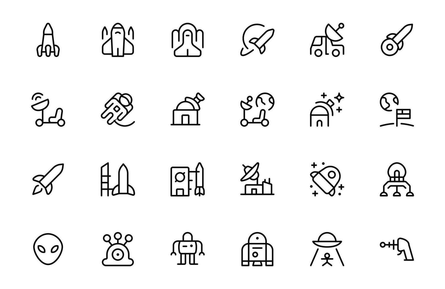 space exploration icon, space, planet, alien, solar, astronaut, stars, vector set design with Editable Stroke. Line, Solid, Flat Line, thin style and Suitable for Web Page, Mobile App, UI, UX design.