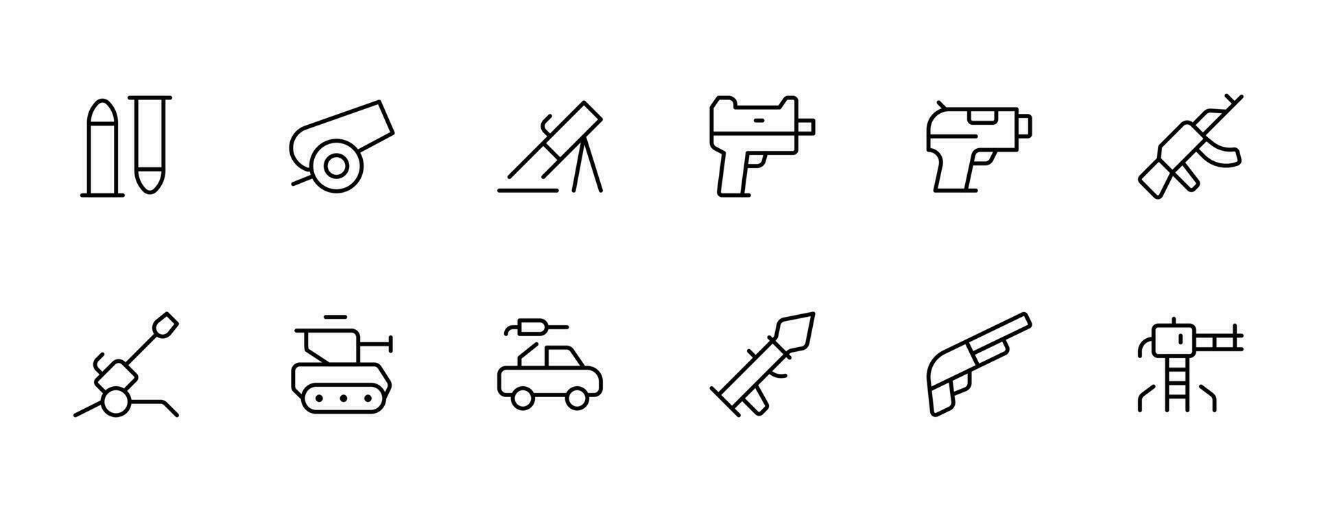 modern weapon icon, gun, weapon, tank, missile, pistol, vector illustration. linear Editable Stroke. Line, Solid, Flat Line, thin style and Suitable for Web Page, Mobile App, UI, UX design.