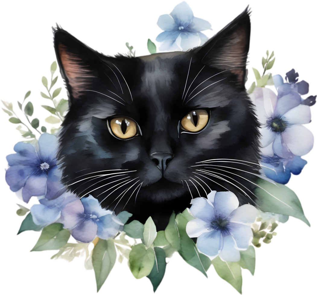 Flowers and black cat clipart for decoration in many projects. AI-Generated. png