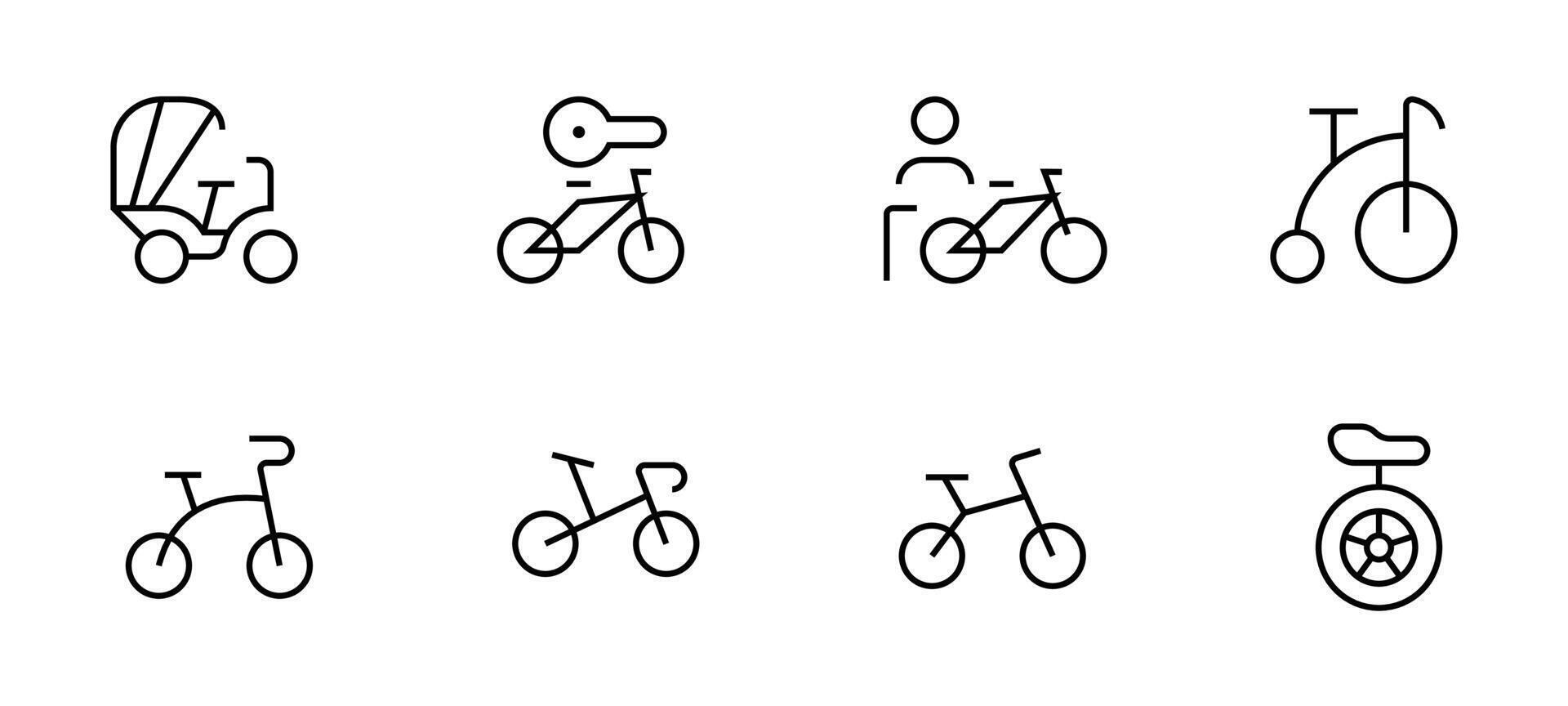 bicycle icon, rickshaw, bmx, touring, dirt, female bike, vector illustration. linear Editable Stroke. Line, Solid, Flat Line, thin style and Suitable for Web Page, Mobile App, UI, UX design.