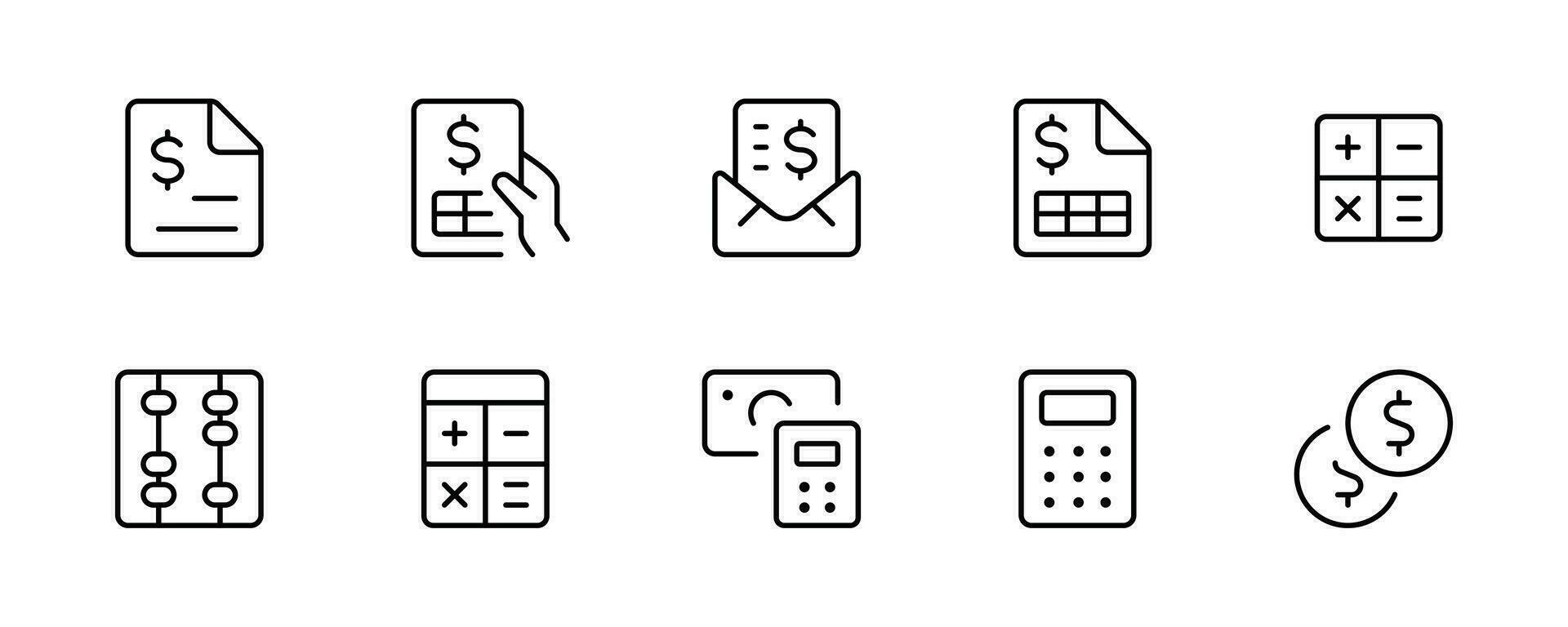 dinero, finanzas, cuenta y negocio inversión relacionado línea icono colocar. pago y contabilidad reporte cálculo lineal iconos inversión y comercio en el valores intercambiar contorno vector firmar recopilación.