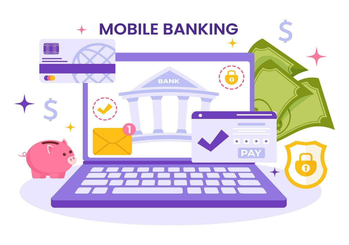 Mobile Banking Vector Illustration with Wallet App for Payment from Phone and Wireless Cash Transaction by Credit and Debit Cards in Flat Background