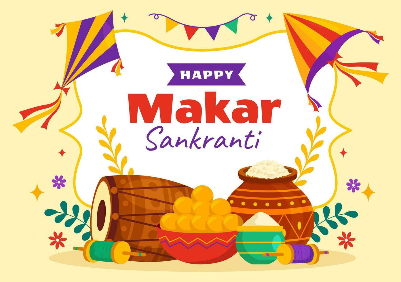 Makar Sankranti Vector Illustration. Translation the Harvest Festival. Indian Festive with Flying Colorful Kites And String Spools in Flat Background