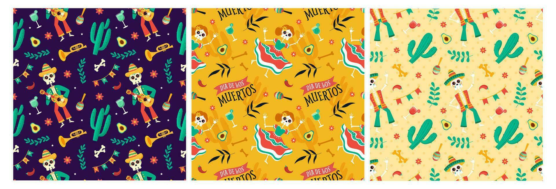 Set of Dia de Muertos Seamless Pattern Illustration with Day of the Dead and Skeleton Element in Mexican Design vector