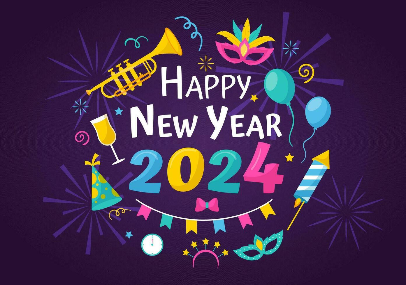 contento nuevo año 2024 celebracion vector ilustración con trompeta, fuegos artificiales, cintas y papel picado en fiesta nacional plano dibujos animados antecedentes