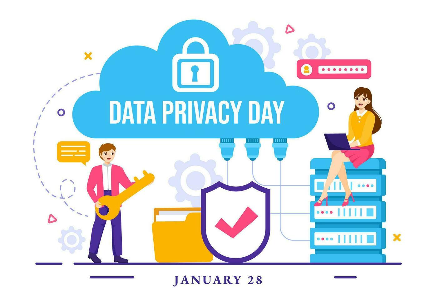 datos intimidad día vector ilustración en enero 28 con bloquear en el pantalla para proteger información documento en plano dibujos animados antecedentes diseño