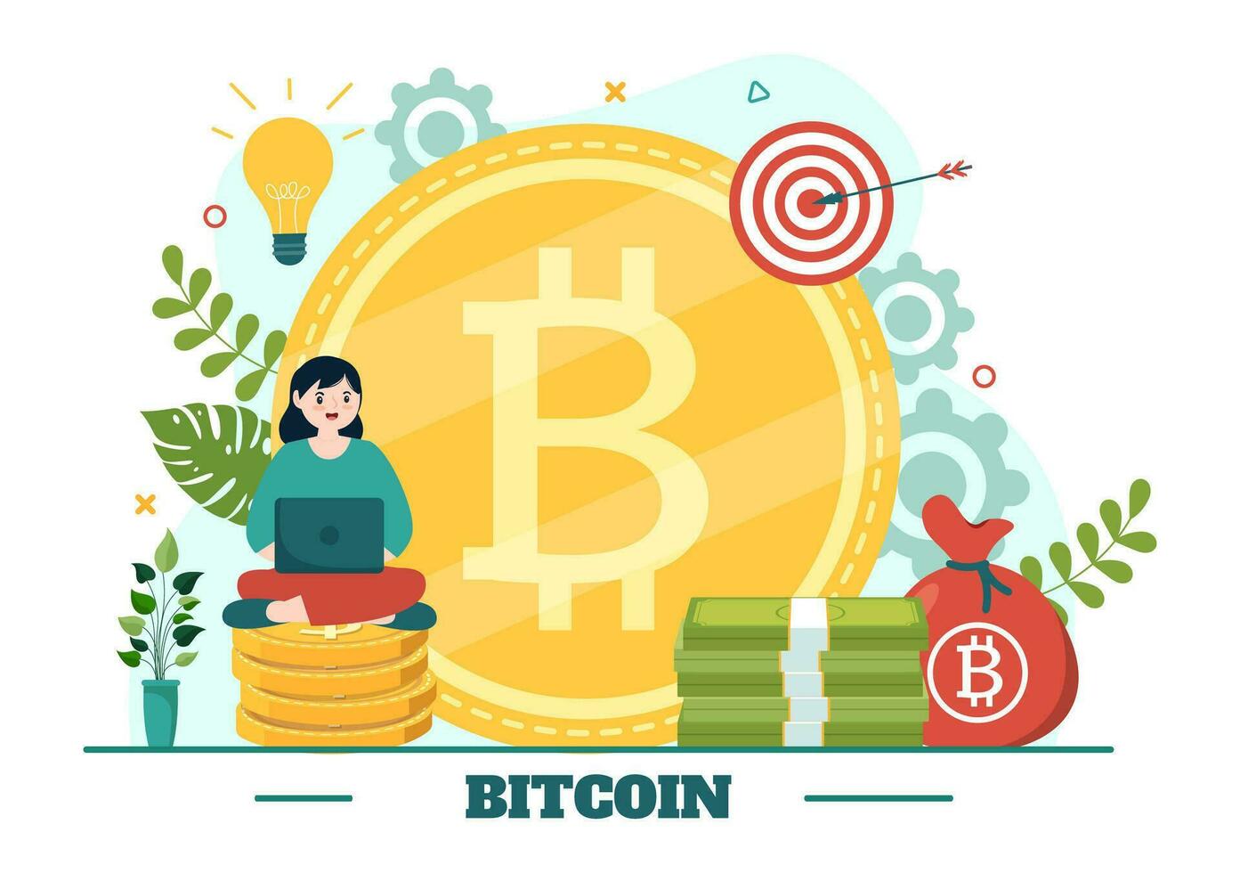 bitcoin vector ilustración con criptomoneda monedas de blockchain tecnología, comprar o vender comercio, cripto mercado intercambiar valor en plano antecedentes