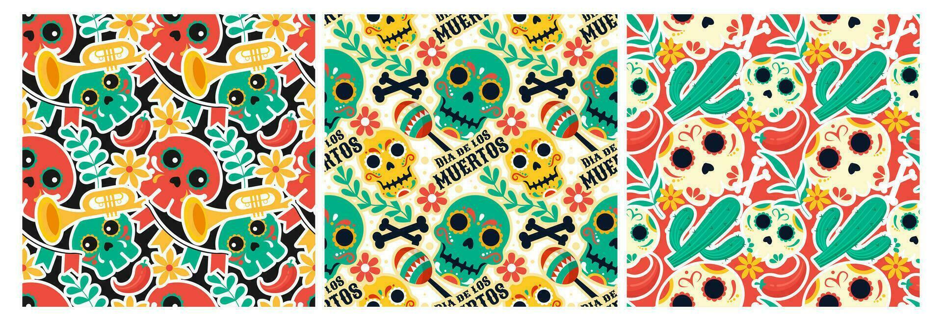 Set of Dia de Muertos Seamless Pattern Illustration with Day of the Dead and Skeleton Element in Mexican Design vector