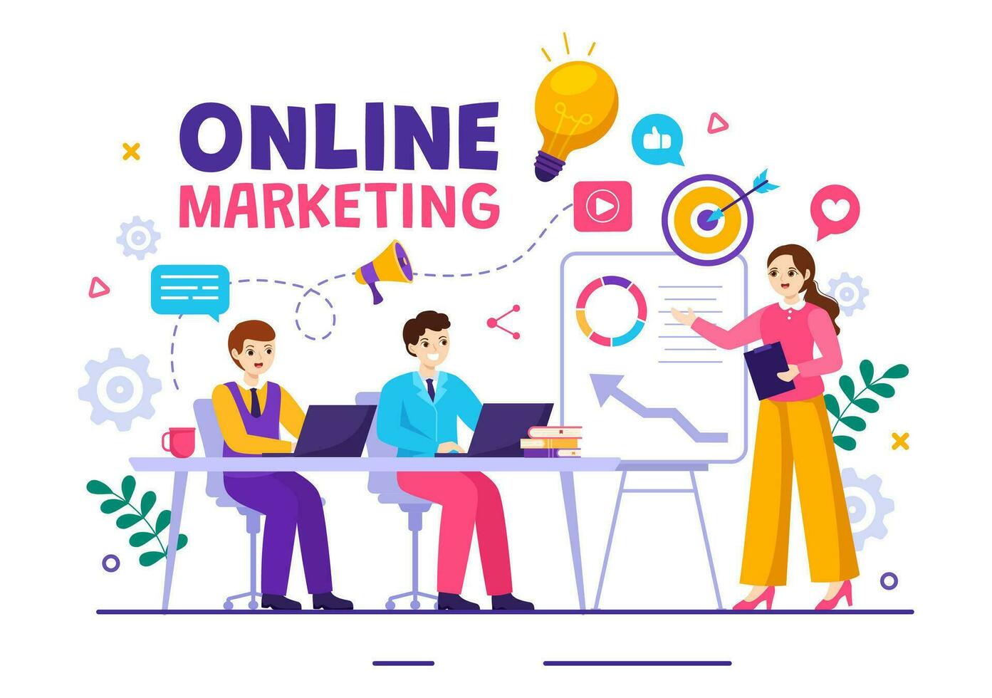 Digital Online Marketing Vector Illustration with Business Analysis, Content Strategy, Ad Targeting and Management in Flat Cartoon Background