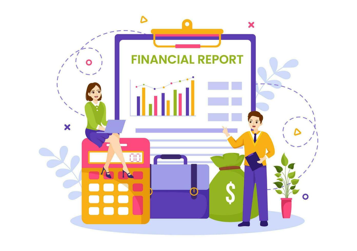 Financial Report Vector Illustration with Data Charts, Graphs and Diagrams on Finance Transaction, Analysis and Statistic Online in Flat Background