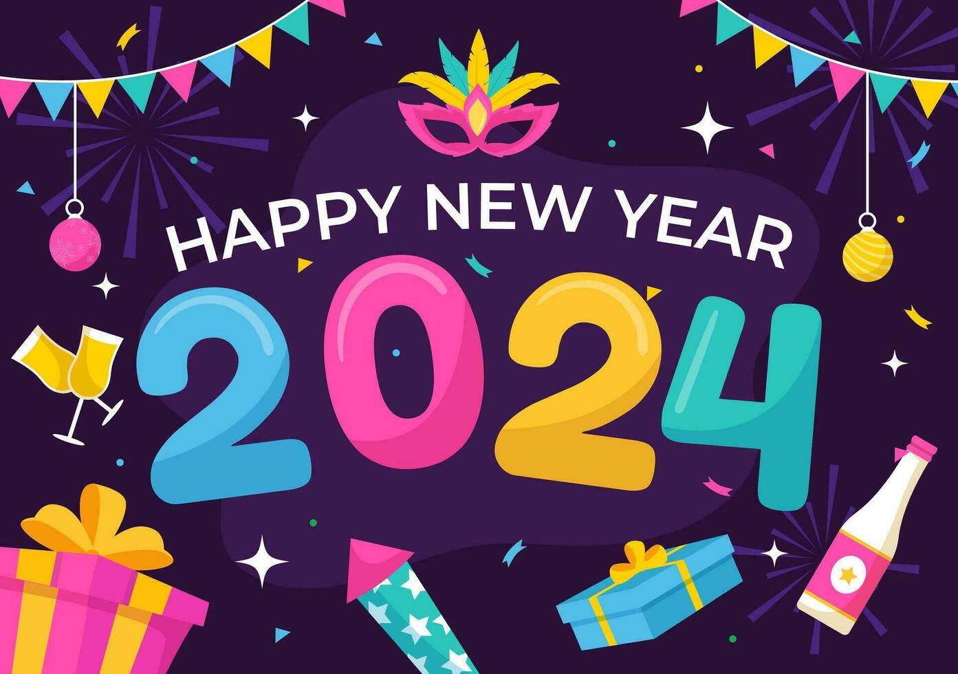 contento nuevo año 2024 celebracion vector ilustración con trompeta, fuegos artificiales, cintas y papel picado en fiesta nacional plano dibujos animados antecedentes