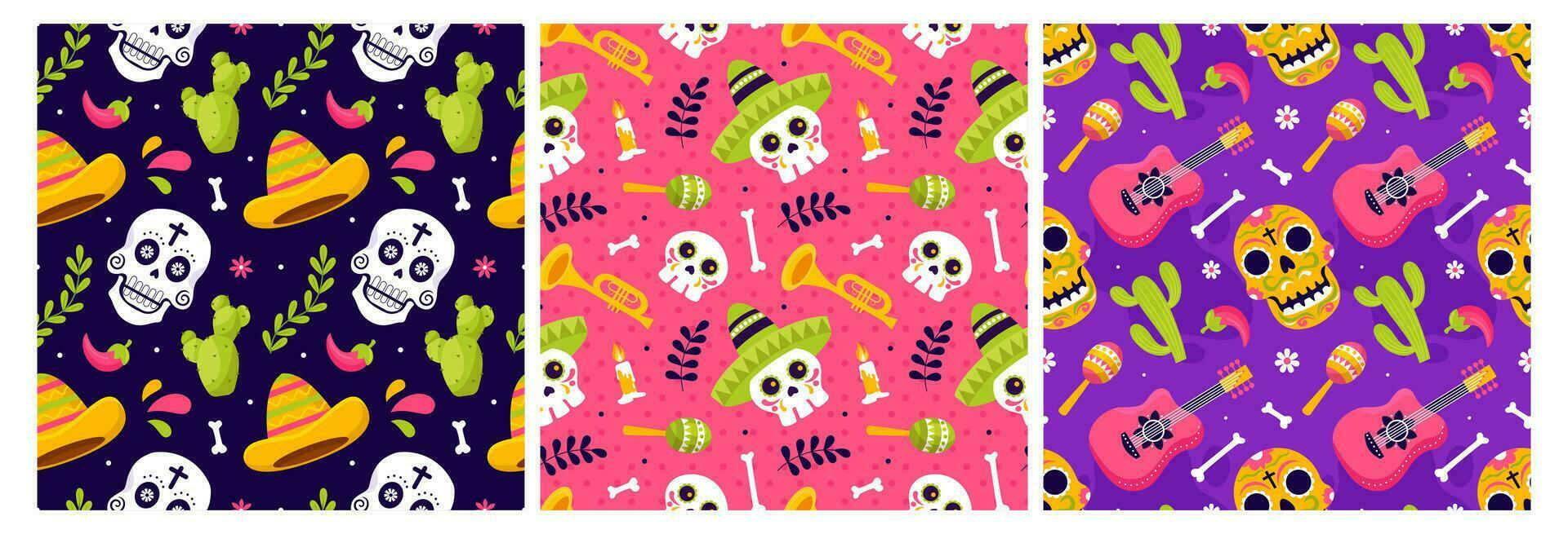 conjunto de dia Delaware muertos sin costura modelo ilustración con día de el muerto y esqueleto elemento en mexicano diseño vector