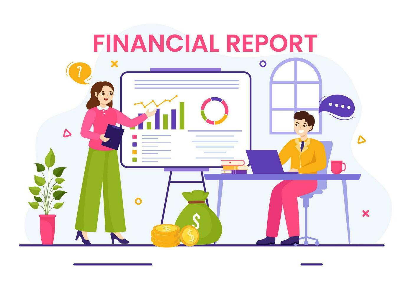 Financial Report Vector Illustration with Data Charts, Graphs and Diagrams on Finance Transaction, Analysis and Statistic Online in Flat Background