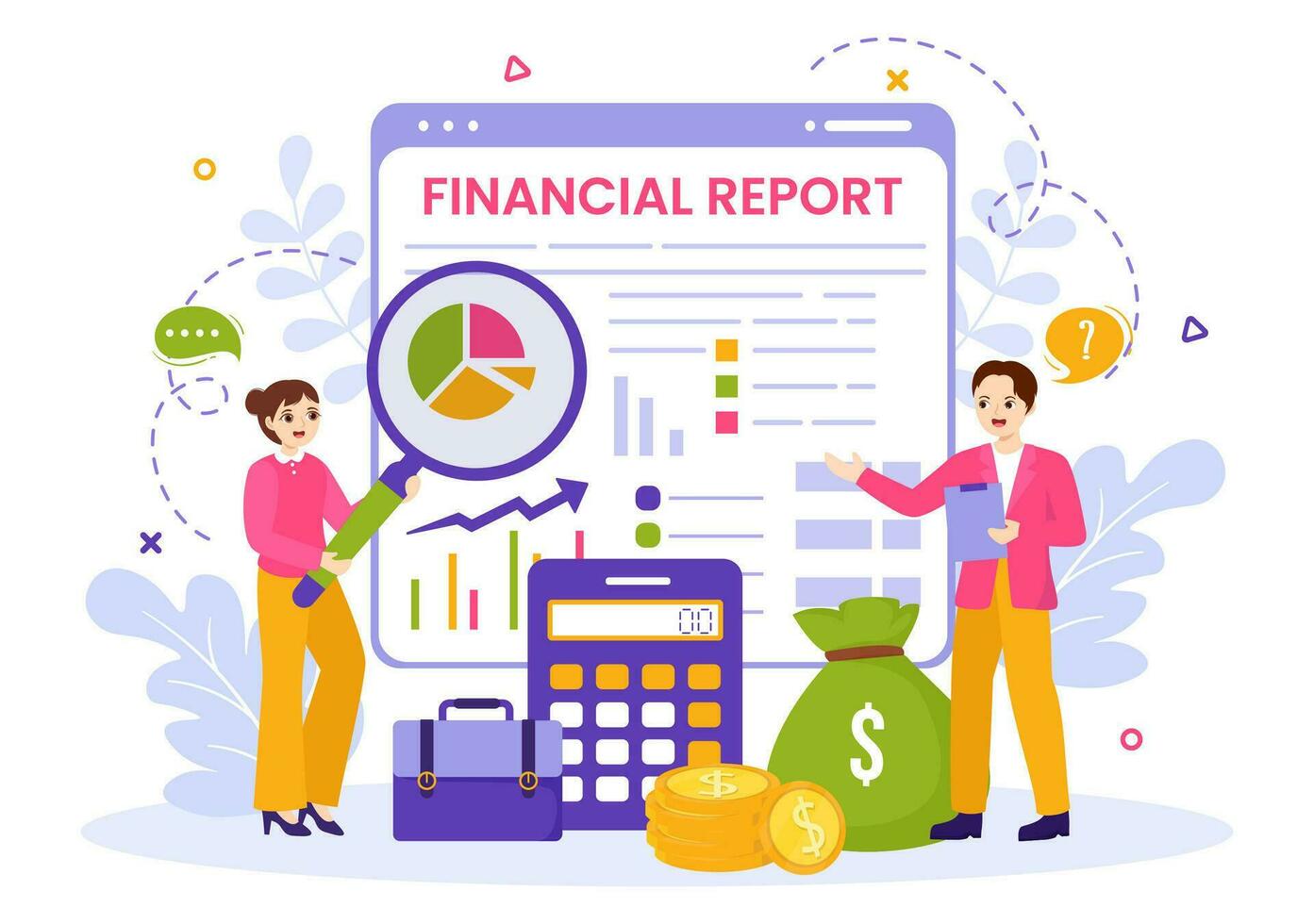 Financial Report Vector Illustration with Data Charts, Graphs and Diagrams on Finance Transaction, Analysis and Statistic Online in Flat Background
