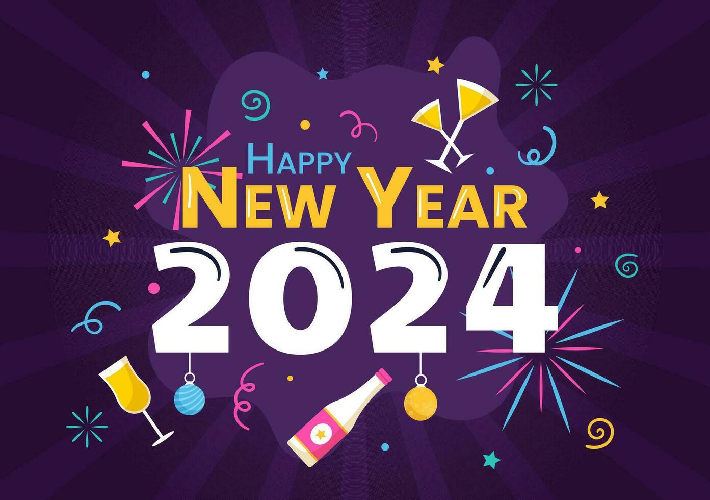 Happy New Year 2024 Celebration Vector Illustration with Trumpet, Fireworks, Ribbons and Confetti in Holiday National Flat Cartoon Background