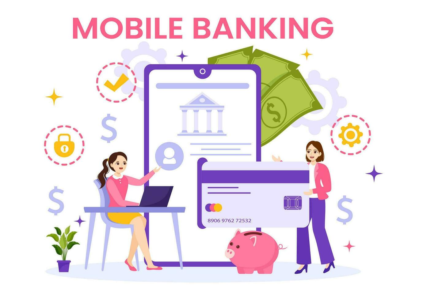 móvil bancario vector ilustración con billetera aplicación para pago desde teléfono y inalámbrico efectivo transacción por crédito y débito tarjetas en plano antecedentes