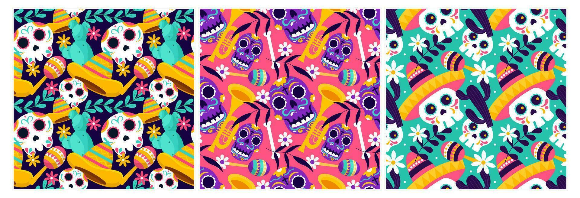 Set of Dia de Muertos Seamless Pattern Illustration with Day of the Dead and Skeleton Element in Mexican Design vector