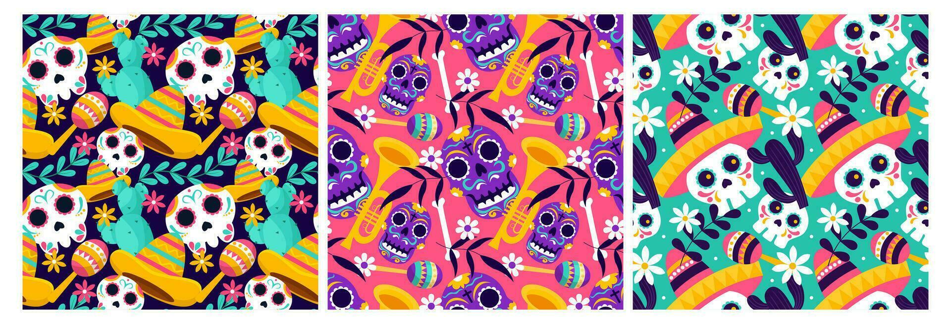 conjunto de dia Delaware muertos sin costura modelo ilustración con día de el muerto y esqueleto elemento en mexicano diseño vector