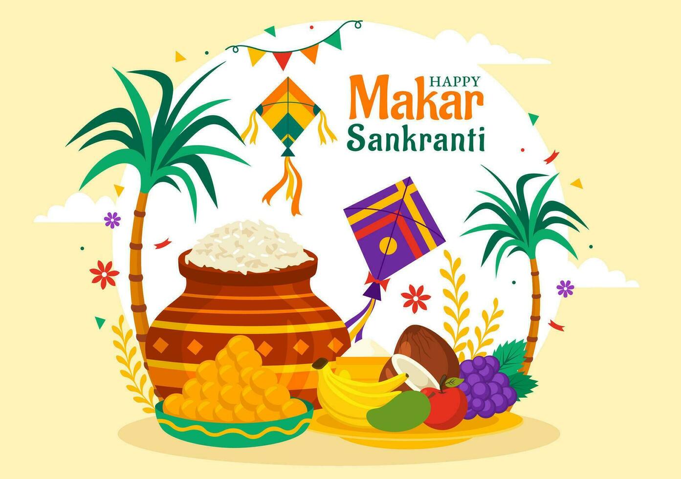 Makar Sankranti Vector Illustration. Translation the Harvest Festival. Indian Festive with Flying Colorful Kites And String Spools in Flat Background