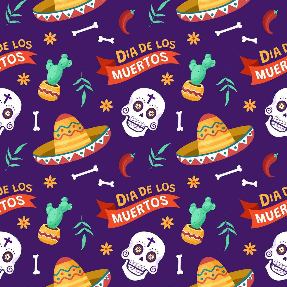 Dia de Muertos Seamless Pattern Illustration with Day of the Dead and Skeleton Element in Mexican Design vector