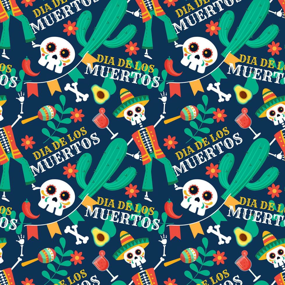 Dia de Muertos Seamless Pattern Illustration with Day of the Dead and Skeleton Element in Mexican Design vector