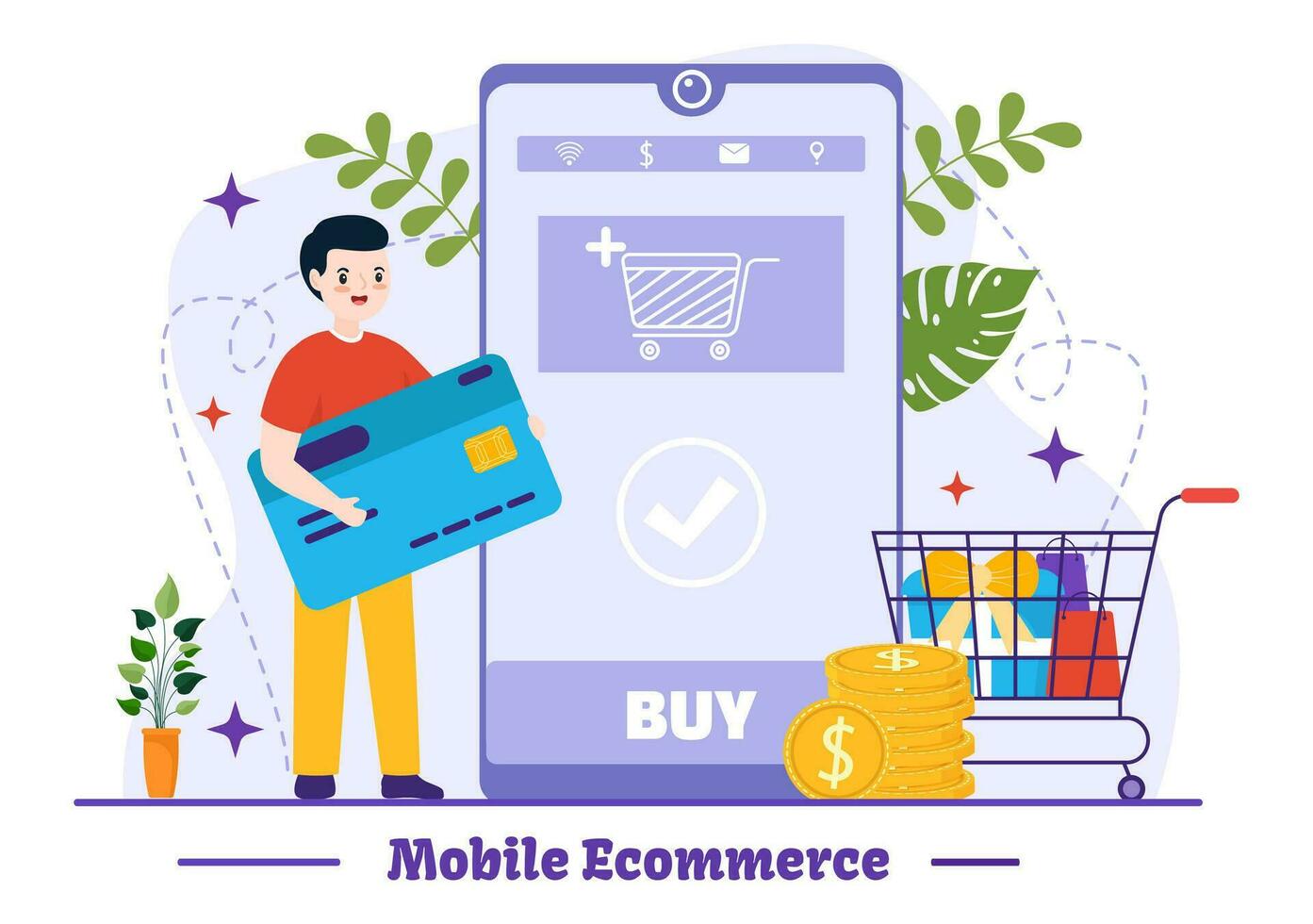 Mobile E-Commerce Vector Illustration of Smart Phone for Activities of Online Shopping and Digital Marketing Promotion with Bag and Gift Box Design