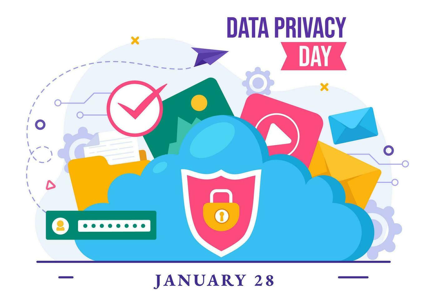 datos intimidad día vector ilustración en enero 28 con bloquear en el pantalla para proteger información documento en plano dibujos animados antecedentes diseño