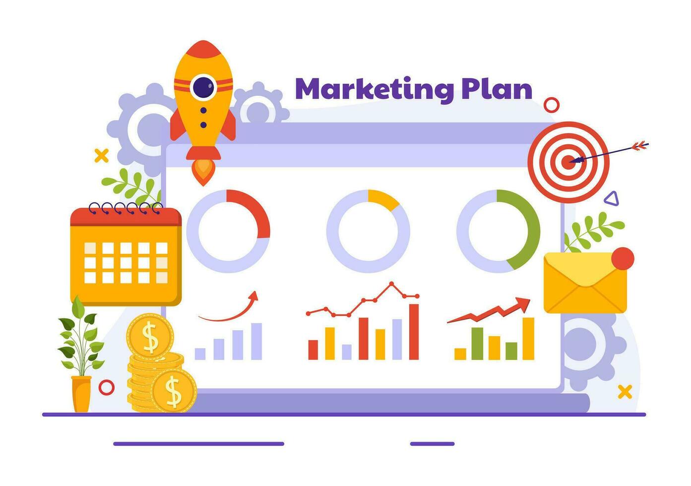 Marketing Plan and Business Strategy Vector Illustration with Effective Time Planning and Budget Growth in Target Flat Cartoon Background Design