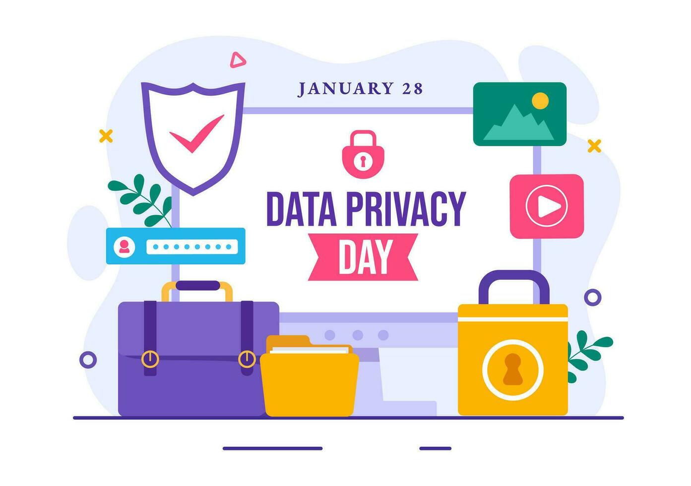 datos intimidad día vector ilustración en enero 28 con bloquear en el pantalla para proteger información documento en plano dibujos animados antecedentes diseño