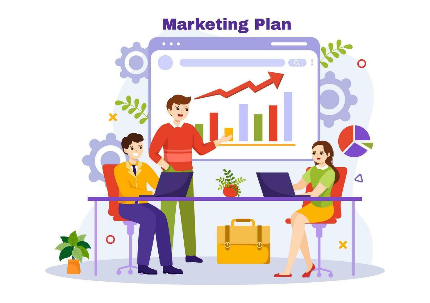 márketing plan y negocio estrategia vector ilustración con eficaz hora planificación y presupuesto crecimiento en objetivo plano dibujos animados antecedentes diseño