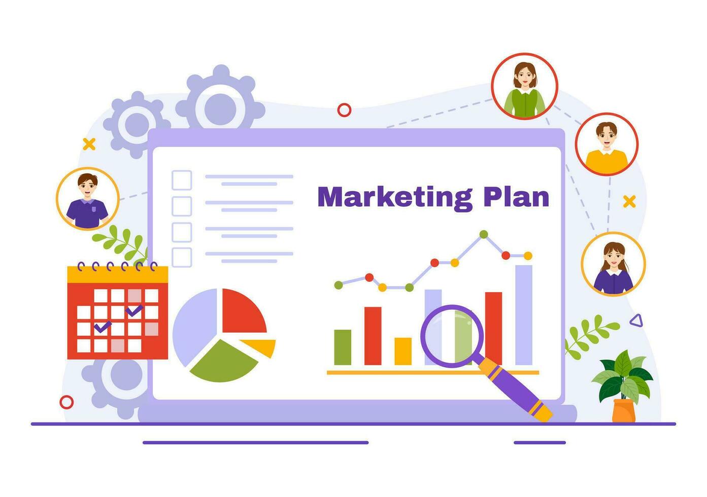 márketing plan y negocio estrategia vector ilustración con eficaz hora planificación y presupuesto crecimiento en objetivo plano dibujos animados antecedentes diseño