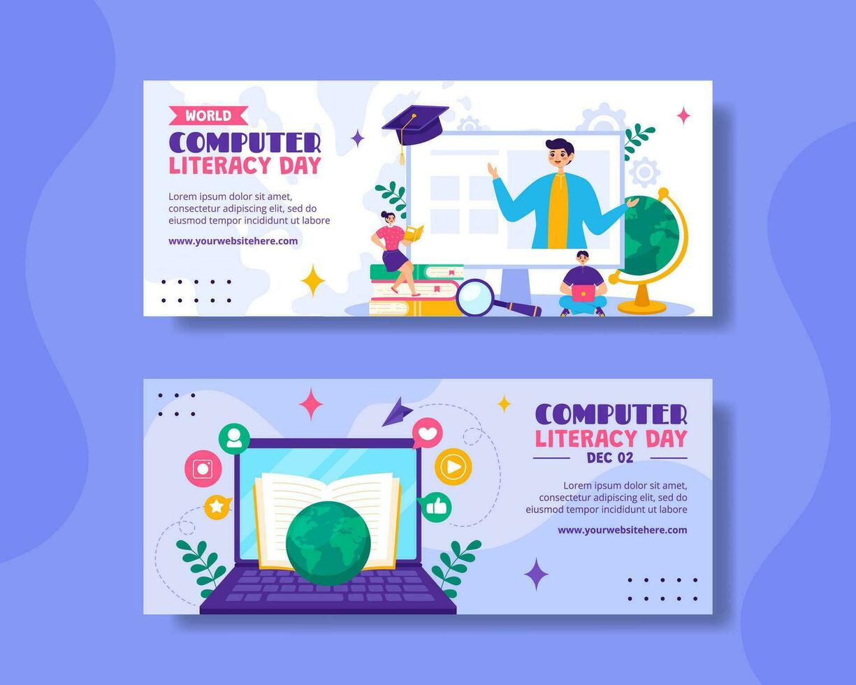 Computer Literacy Day Horizontal Banner Illustration Flat Cartoon Hand Drawn Templates Background vector