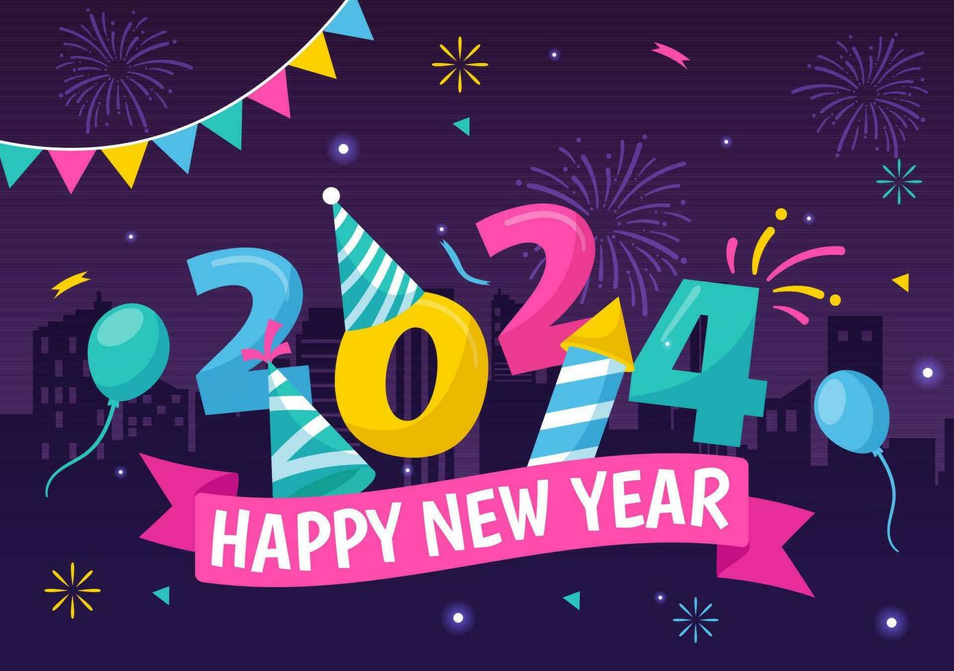 contento nuevo año 2024 celebracion vector ilustración con trompeta, fuegos artificiales, cintas y papel picado en fiesta nacional plano dibujos animados antecedentes