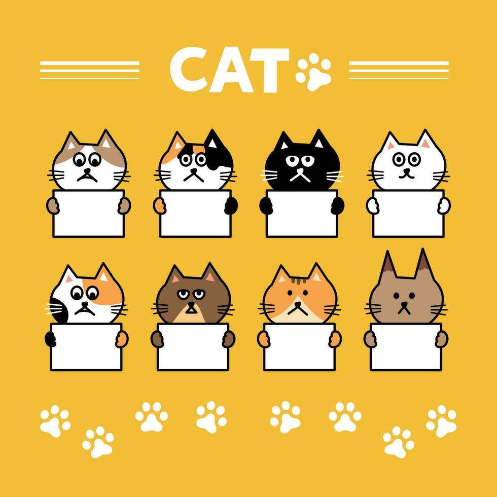 gato cabeza emoji vector. línea ilustración de varios gatos participación blanco señales en amarillo antecedentes. vector