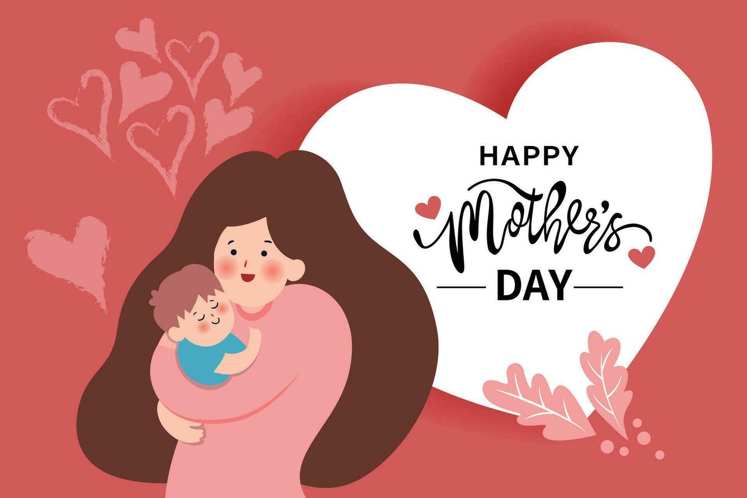 Vector illustration of joyous celebration of Happy Mother's Day, mother holding baby surrounded by flowers