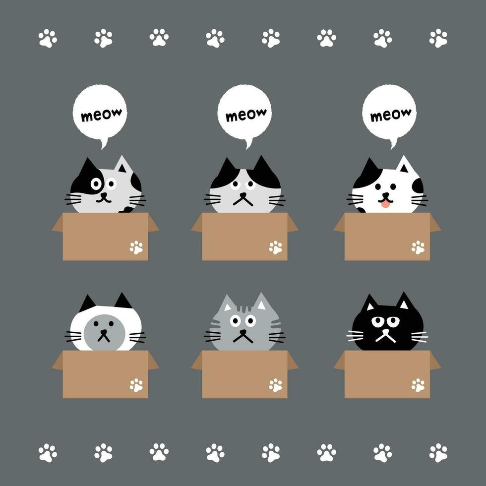 at head emoji vector. Vector illustration of various black cats sitting in cardboard boxes on grey background.