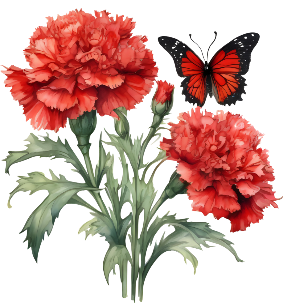 A painting of a bouquet of carnation and a butterfly. AI-Generated. png