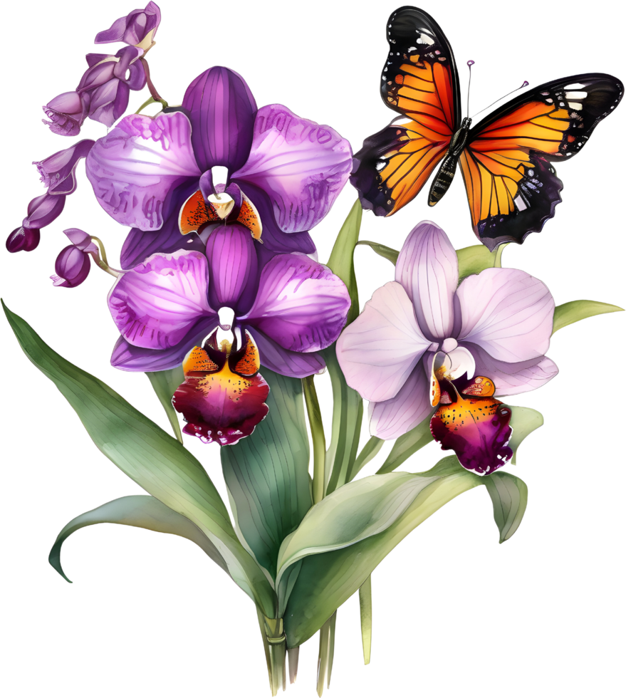 A painting of a bouquet of orchids and a butterfly. AI-Generated. png
