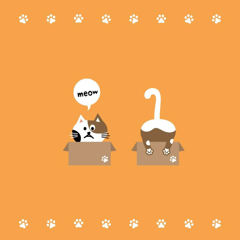 Cat head emoji vector. Vector illustration of the front and back of a brown cat sitting in a cardboard box on a yellow background.