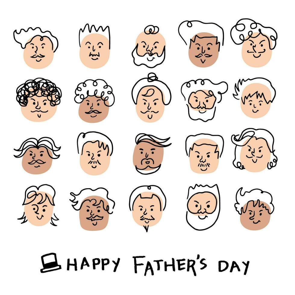 Vector illustration of joyous celebration of Happy Father's Day. Single Line style Multicultural  People Face of Father Vector.