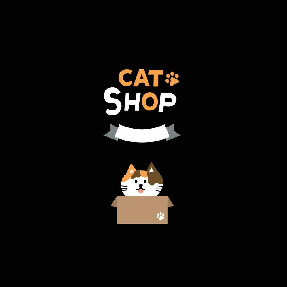 gato cabeza emoji vector. vector ilustración de un promocional tienda con negro gato sentado en un cartulina caja en un negro antecedentes.