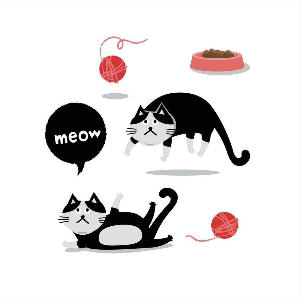 Cat head emoji vector. Vector illustration of pet black cat jumping and lying down on white background.