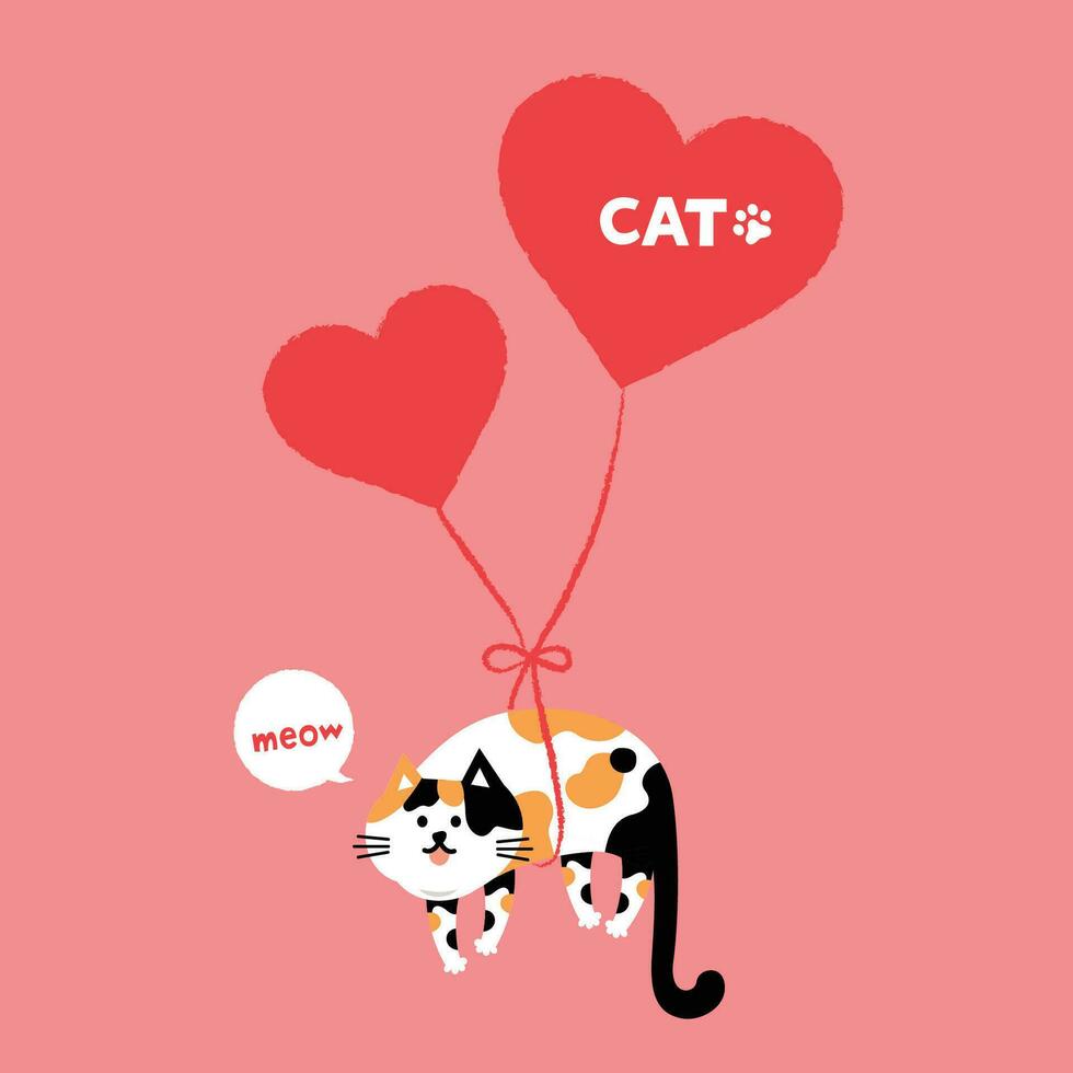 Cat head emoji vector. Vector illustration of pet orange cat tied with heart balloons on pink background.