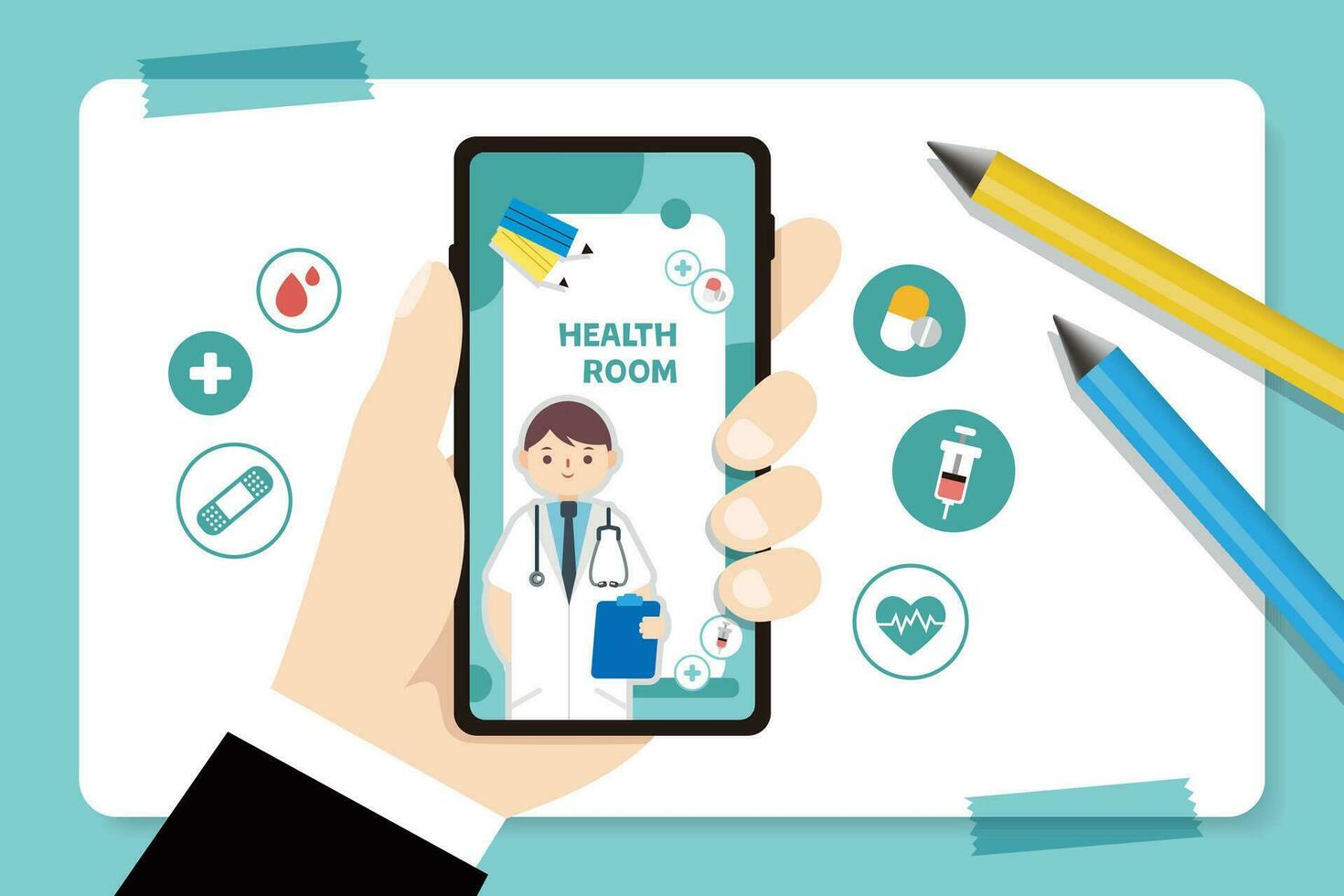 Hand holding a mobile phone the screen shows the doctor's knowledge teaching. Healthcare vector concept. hospital staff care illustration