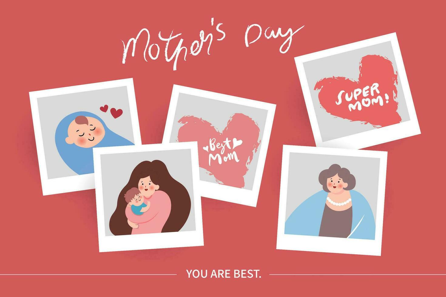 Vector illustration of joyous celebration of happy mothers day, mothers day related polaroid photo of mother holding baby