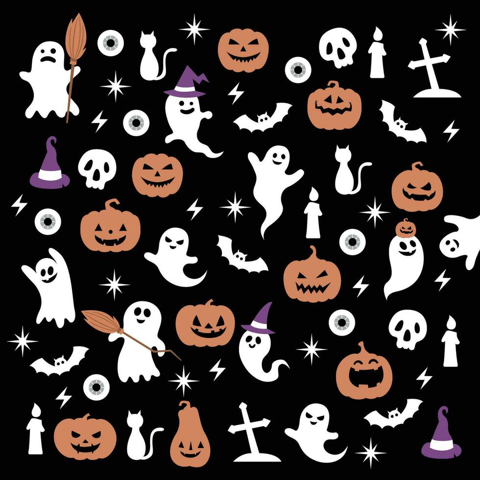 Happy Halloween Vector. magic elements. Pumpkins, ghost, skull, black cat. illustration in flat cartoon style. vector