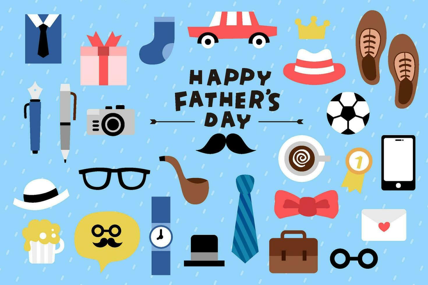Vector illustration of joyous celebration of Happy Father's Day-hand drawn lettering phrase. Dressing with Dad Clothing Accessories Hats Shoes Beards